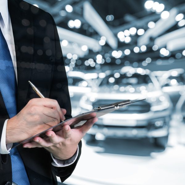 Double exposure of saleman hands holding trade booking with blurred background of new car displayed in showroom dealer buying new car.